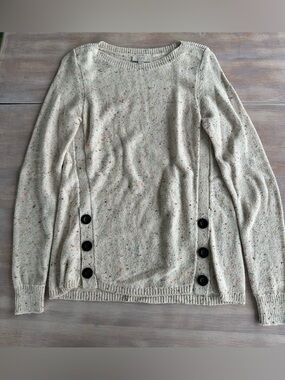 LOFT cozy Cream Speckled Crewneck Sweater with Side Buttons S